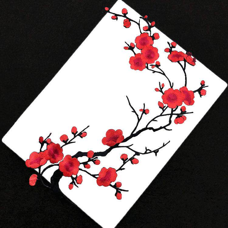 中国风梅花刺绣布贴旗袍汉服装饰绣花贴衣服背胶辅料厂家直供