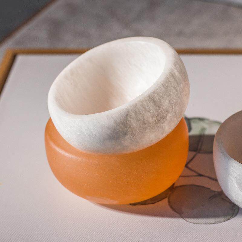 新石膏碗天然石膏矿石碗疗愈摆件圆形爱心碗橙色工艺品