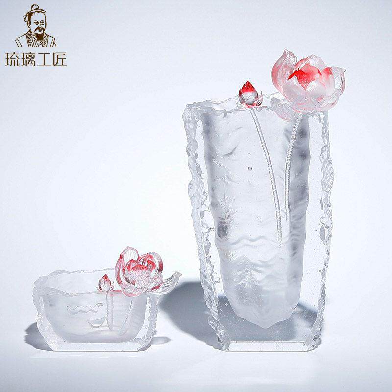 高端琉璃莲花非遗古法琉璃花瓶烛台桌面装饰工艺品摆饰搬新家礼物