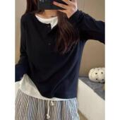 大码 遮肚显瘦感上衣0202w 恤胖春季 女装 假两件拼接正肩长袖