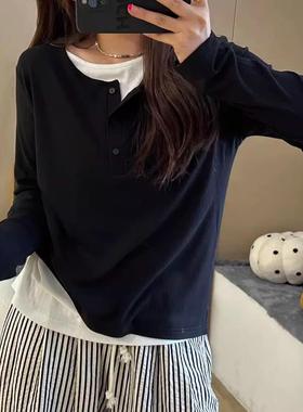 大码女装假两件拼接正肩长袖t恤胖mm春春秋季遮肚显瘦感上衣0118w