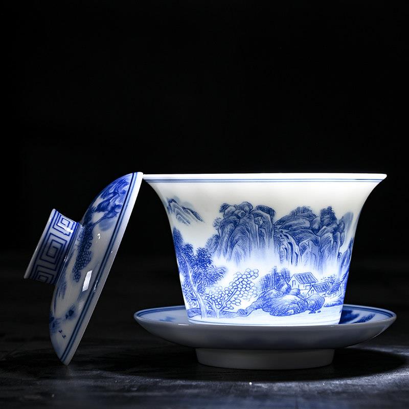 复古青花瓷山水盖碗陶瓷青花茶具敬茶碗大茶杯彷古茶盏茶备泡茶器