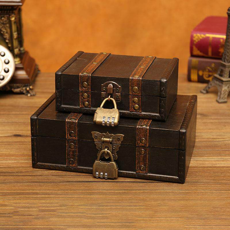 带锁木质收纳盒整理箱桌面杂物首饰饰品小盒子搭扣木盒子复古风