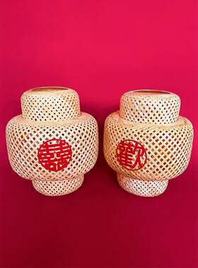 新款中式汉服古风婚纱摄影道具影楼秀禾拍照摆件创意喜字竹编灯笼
