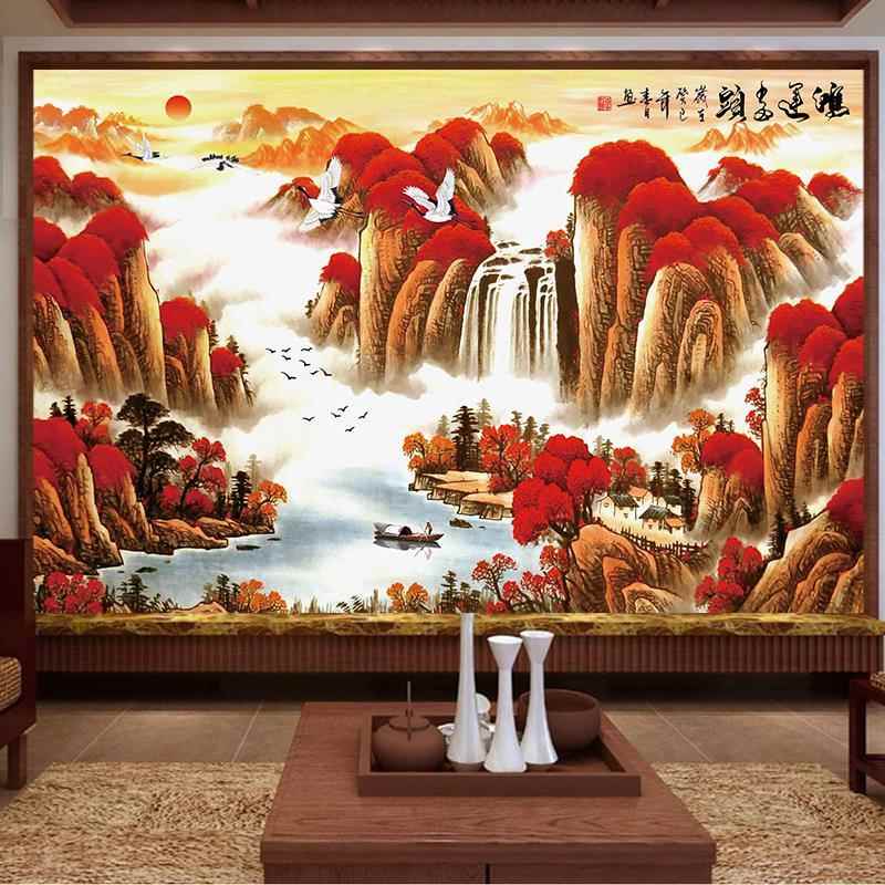 新中式电视背景墙贴纸客厅影视墙自粘壁纸鸿运当头山水风景画壁画