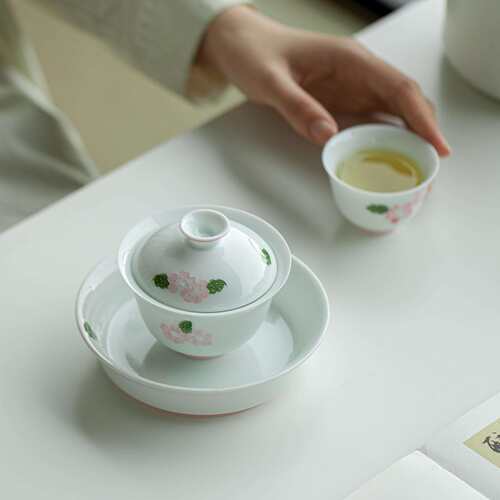 束刻白瓷玉泥纯手绘花蕊福灵二才盖碗薄胎不烫手陶瓷茶具泡茶碗
