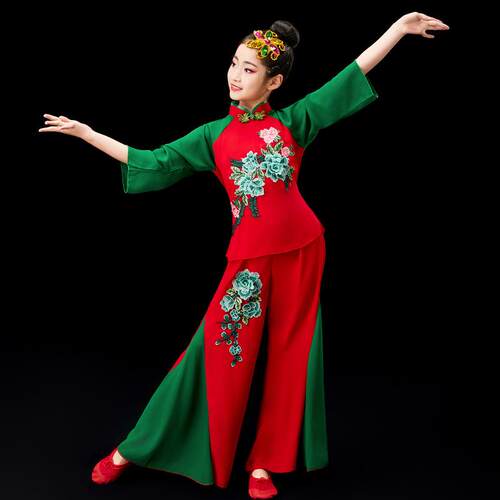 高档新款儿童秧歌服舞蹈出演服童喜庆胶女州中国风腰春鼓扇子舞服