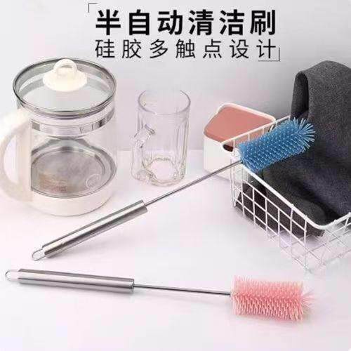【2026新款上市】半自动洗杯刷多功能不锈钢长柄按压旋转刷子矽胶