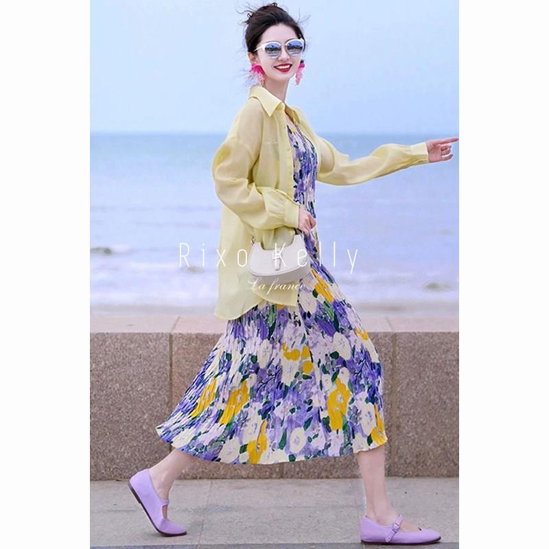Rixo Kelly 高级感休闲度假碎花防晒开衫配吊带连衣裙子两件套夏