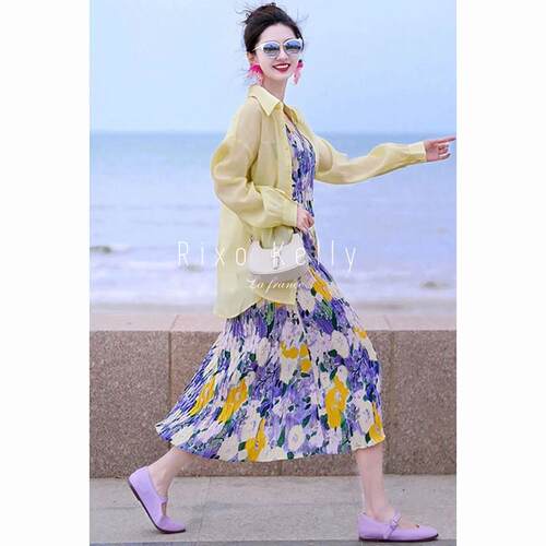 Rixo Kelly 高级感休闲度假碎花防晒开衫配吊带连衣裙子两件套夏