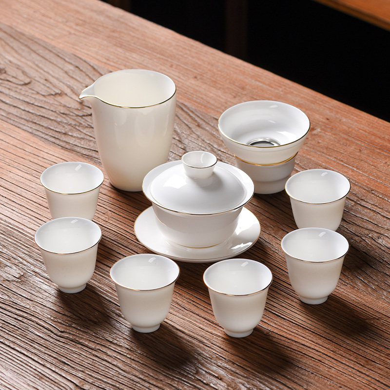 茶具盖碗茶杯陶瓷羊脂玉家用简约中式礼盒套装打边整套玉瓷