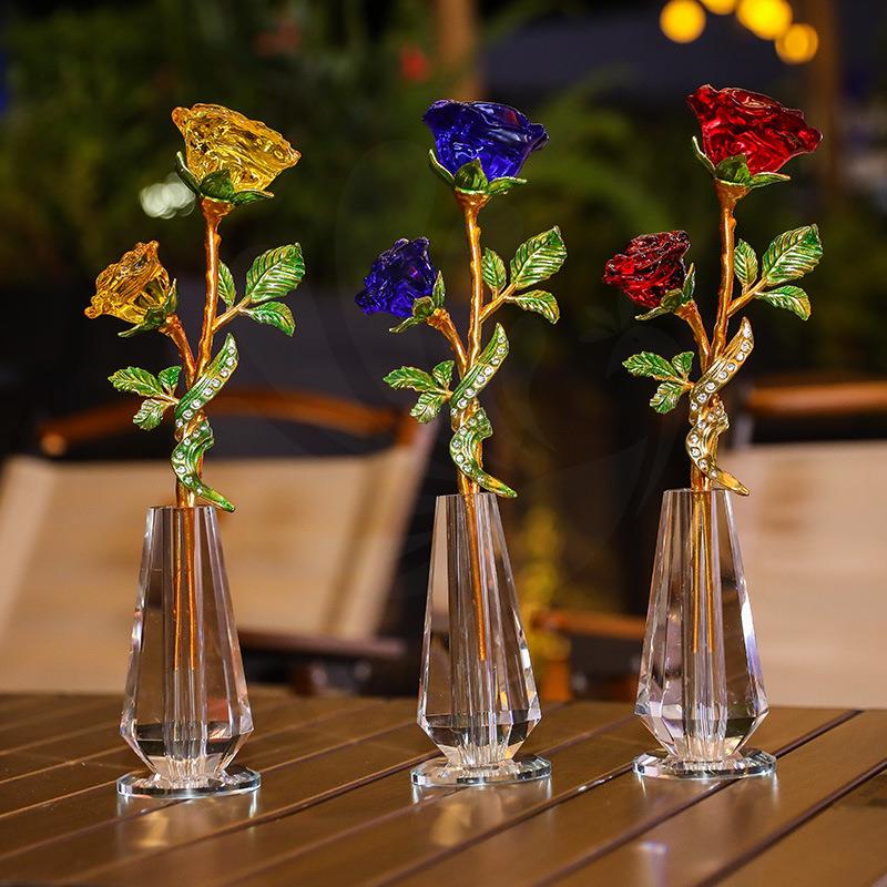 水晶玻璃插玫瑰花摆件花瓶客厅装饰品工艺品桌面创意简约装饰