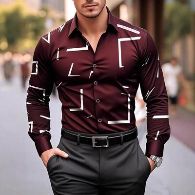 Men's Long Sleeve Printed Geometric Collared Shirt