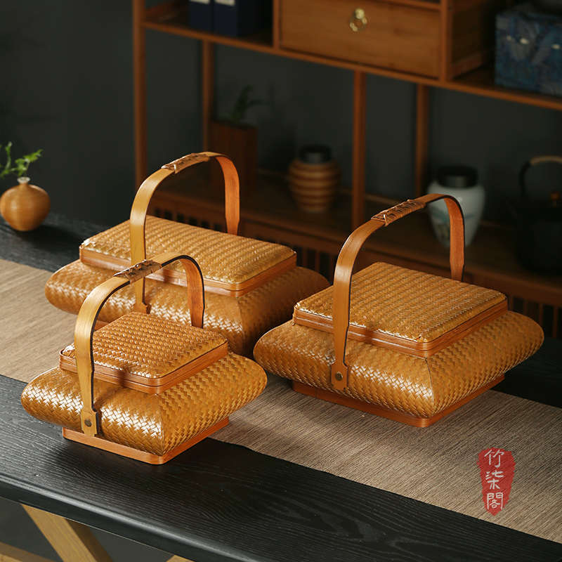 中式纯手工竹编提篮手提带盖食盒桌面点心篮茶具收纳筐储物茶点盒
