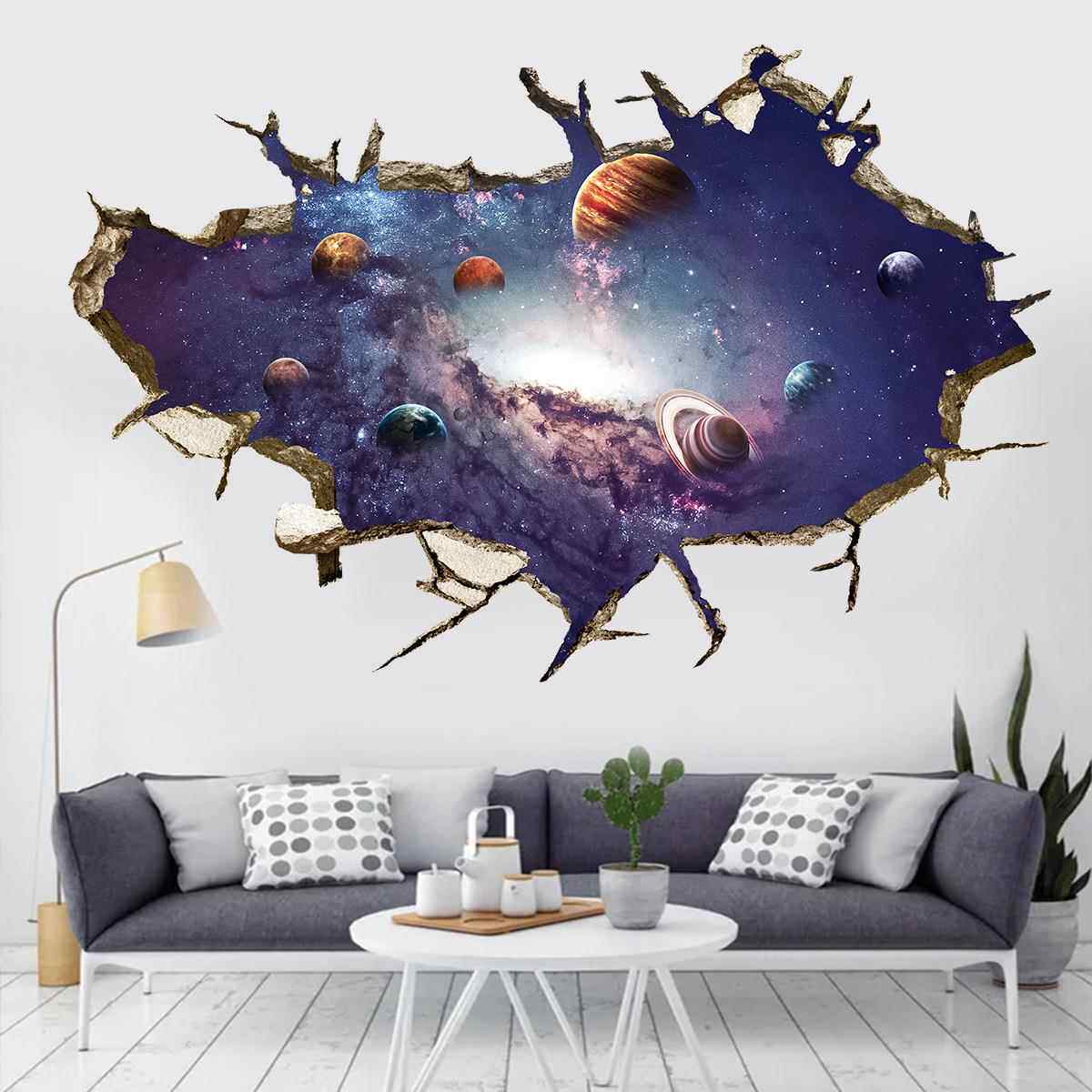 亚马逊新款3D 自粘可撕破墙星空宇宙星球世界天花客厅装饰墙贴纸
