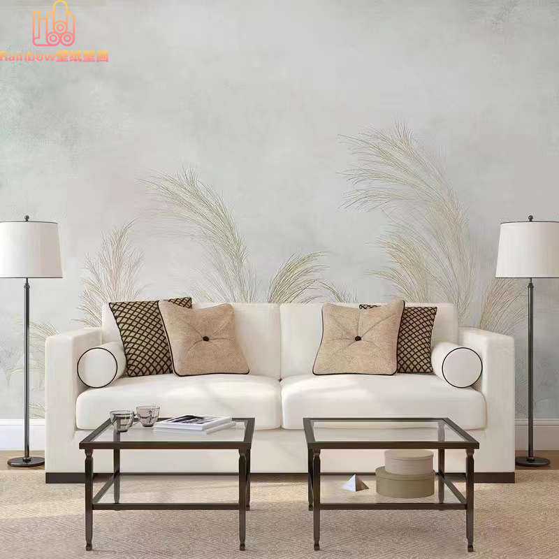 新客厅电视背景墙壁画手绘芦苇无缝壁纸卧室玄关北欧简约风格墙布