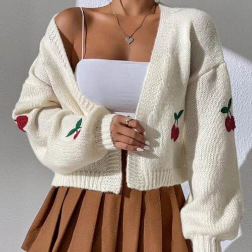【Plus Size】 Cherry Embroidery Drop Shoulder Open Front