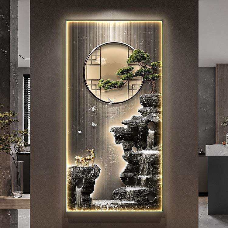 大气玄关装饰画竖版走廊过道挂画led带灯新中式迎客松壁画寓意好