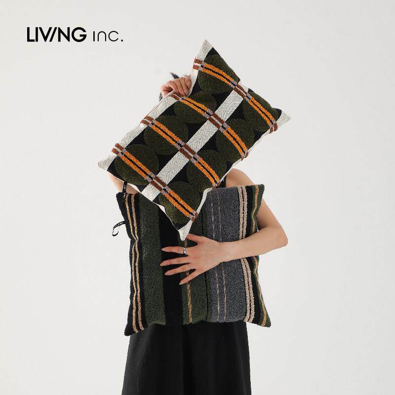 LIVING inc.书橱 中古几何条纹绿色系沙发抱枕轻奢高级感复古靠垫