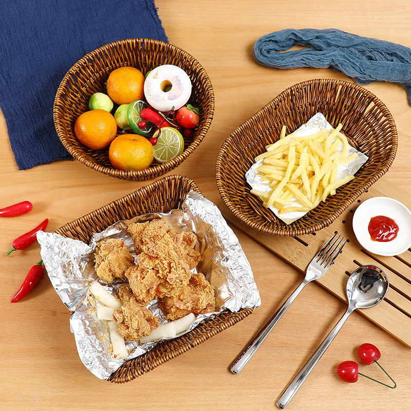 零食摆放盘点心茶点水果盘蛋糕藤编托盘家用客厅面包水果篮干果盘