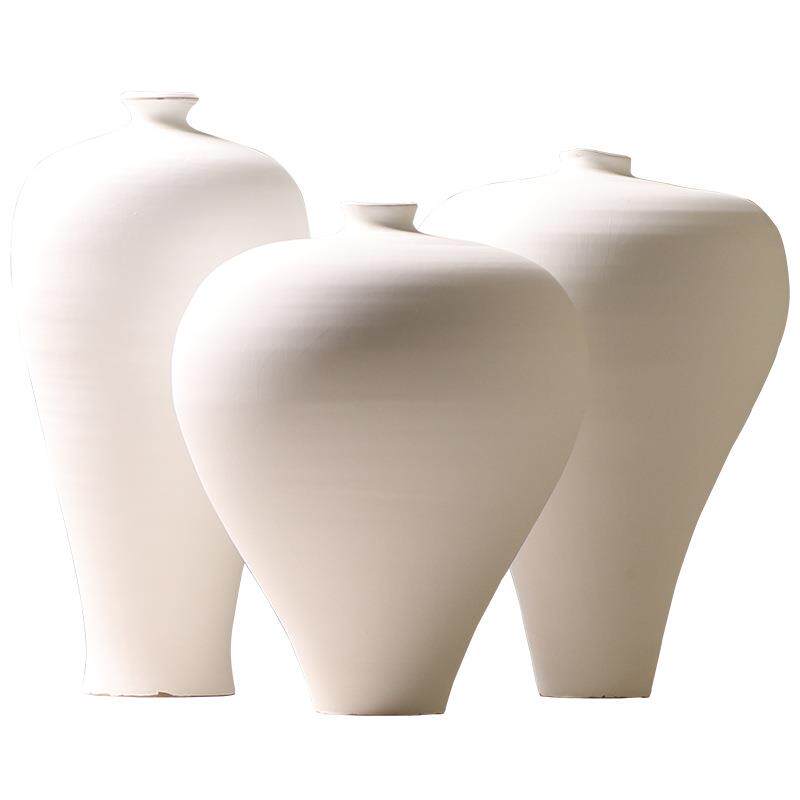 侘寂风陶器手工拉坯白色素雅梅瓶茶室酒店花架插花装饰品摆件中式