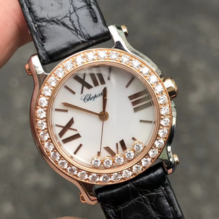 【券后价30600】98新30mm萧邦快乐钻石英18k玫瑰金后镶钻女表5折