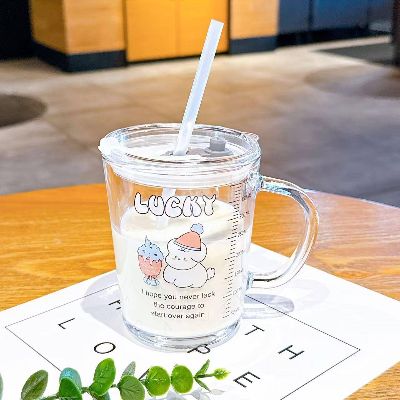 家用儿童水杯把手杯玻璃吸管杯早餐牛奶饮料水杯带盖带吸管