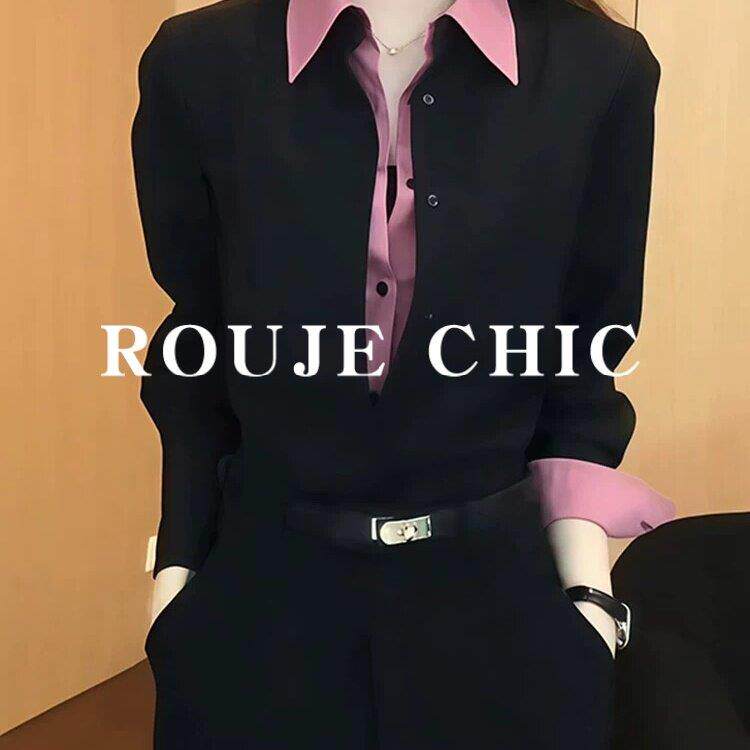 法国rouje chic法式设计感假两件翻领撞色拼接衬衫女春季百搭上衣