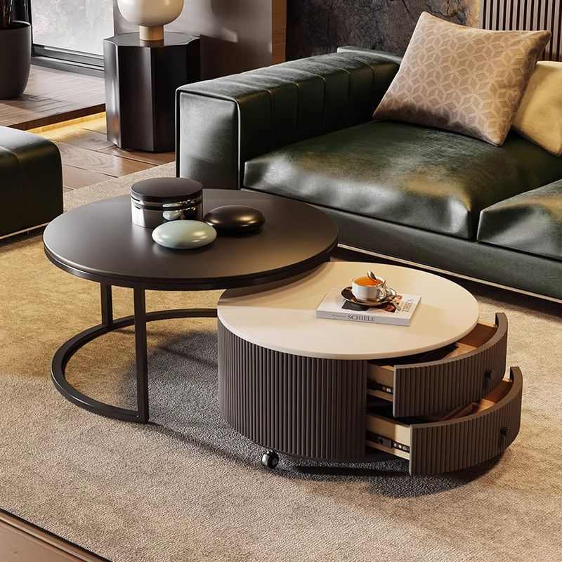 岩板圆形茶几客厅2025新款家用轻奢现代简约大小户型黑色意式极简