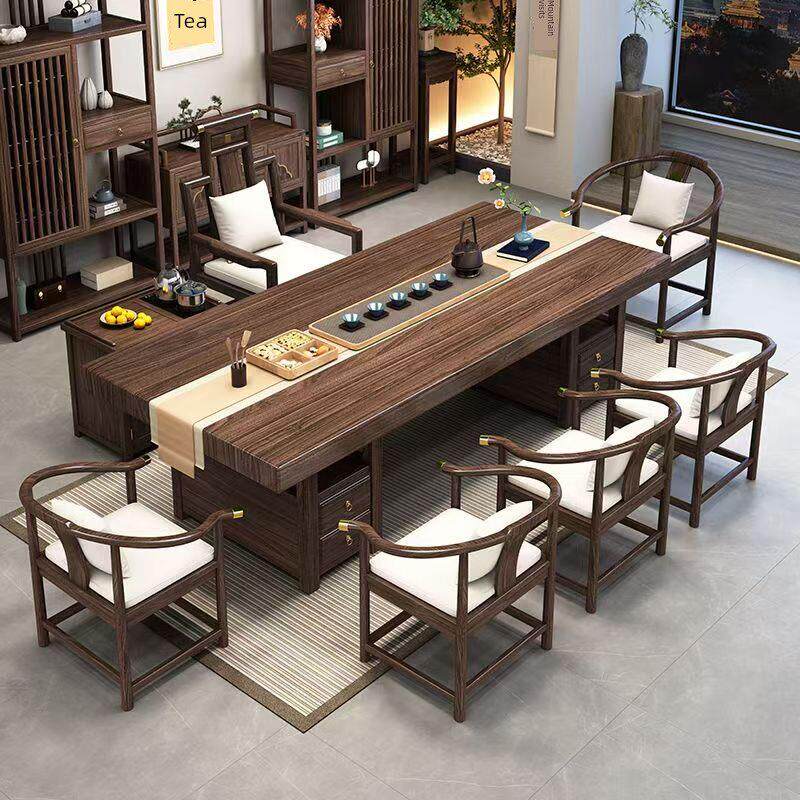 乌金木实木大板茶桌椅组合新中式客厅办公室罗汉床储物茶台泡茶几