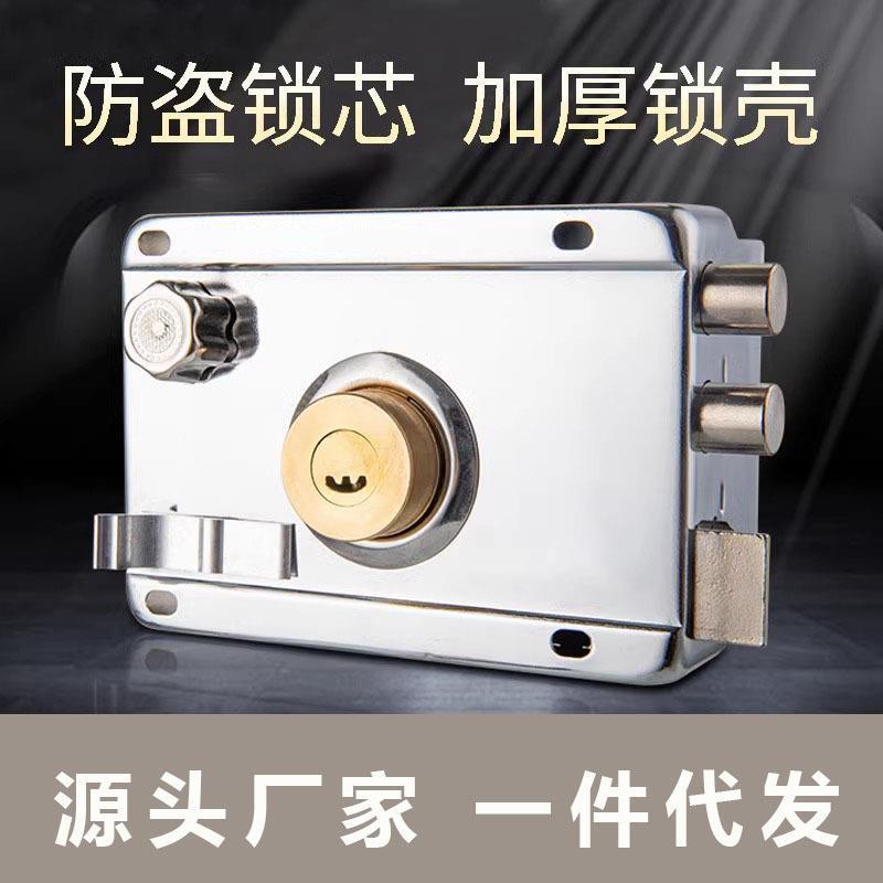 双钩舌外装门锁304不锈钢老式大铁门锁防盗锁大门三舌锁三保险锁