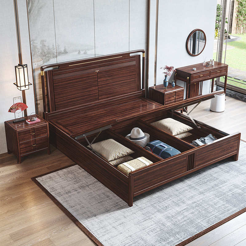 新中式乌金木实木床1.8米双人1.5M储物禅意现代简约高档卧室家具