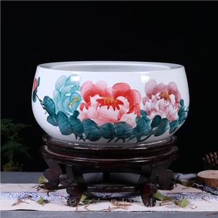 高档桌面圆鱼形小陶缸瓷缸带底座景德镇养金鱼龟荷花盆客厅装饰摆