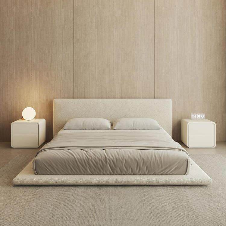 榻榻米落地奶床现代简白约双人油系色诧风轻奢寂床网红卧室PDC极