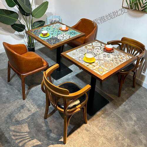 美式工业风咖啡厅实木桌椅组合火锅店岩板方桌西餐厅酒吧复古店桌