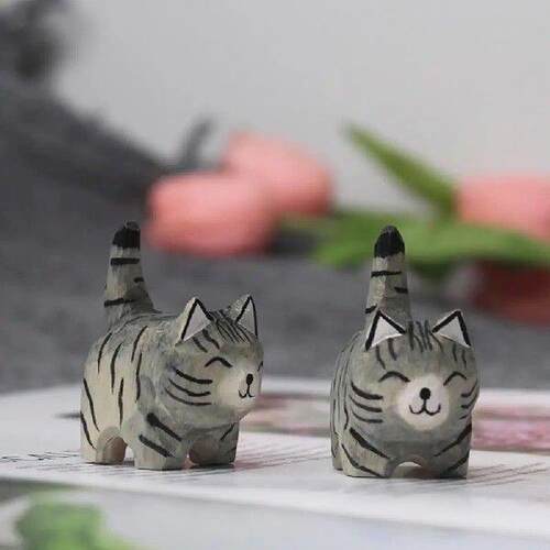 Hand Carving Wooden Cat Statue Cute Mini Cat Statues Home