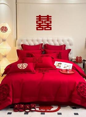 送中式龙ZD凤刺绣庆四件套用红色结婚婚陪嫁床单被套床上品礼大红