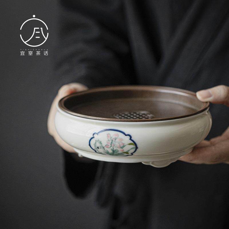 宜室茶话 手绘幽兰锡盖壶承仿古开窗高足蓄水茶盘圆形手工干泡台