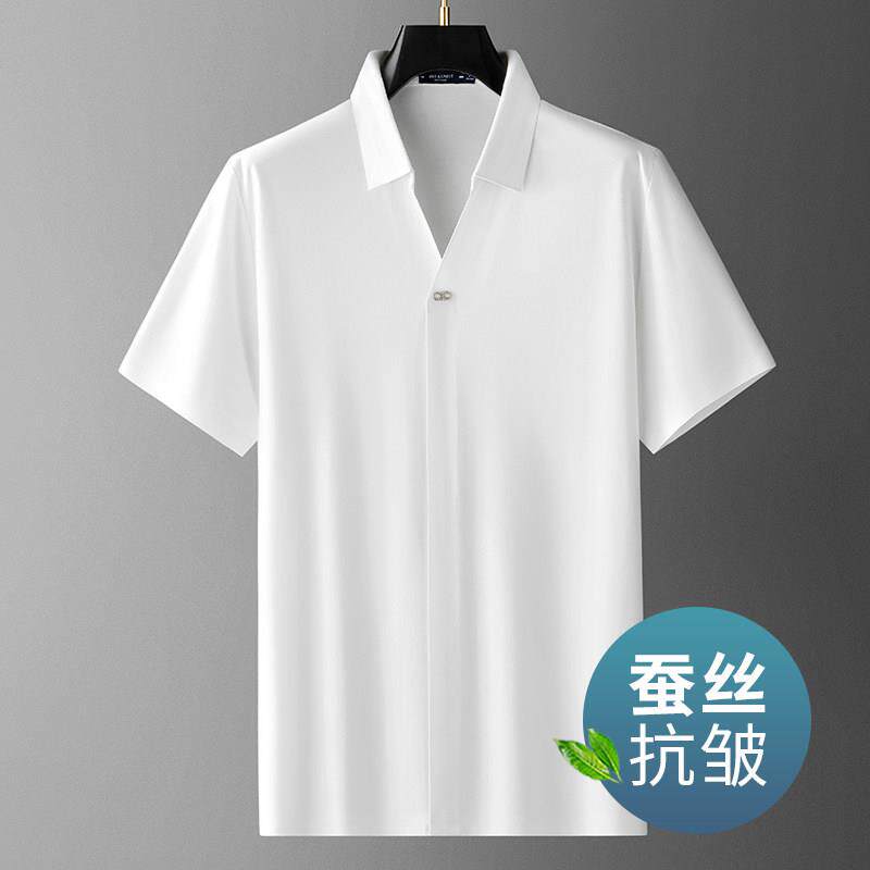高档短袖T恤男新款夏季薄款蚕丝垂感V领T恤男高级感冰丝清爽上衣