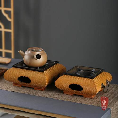 竹柒阁覆古竹编围炉煮茶炉炭炉家用室内火炉温泡茶炉煮茶器火钵炉