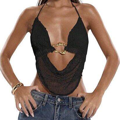 Women's Solid Color Metal Ring Short Crop Sleeveless Cami
