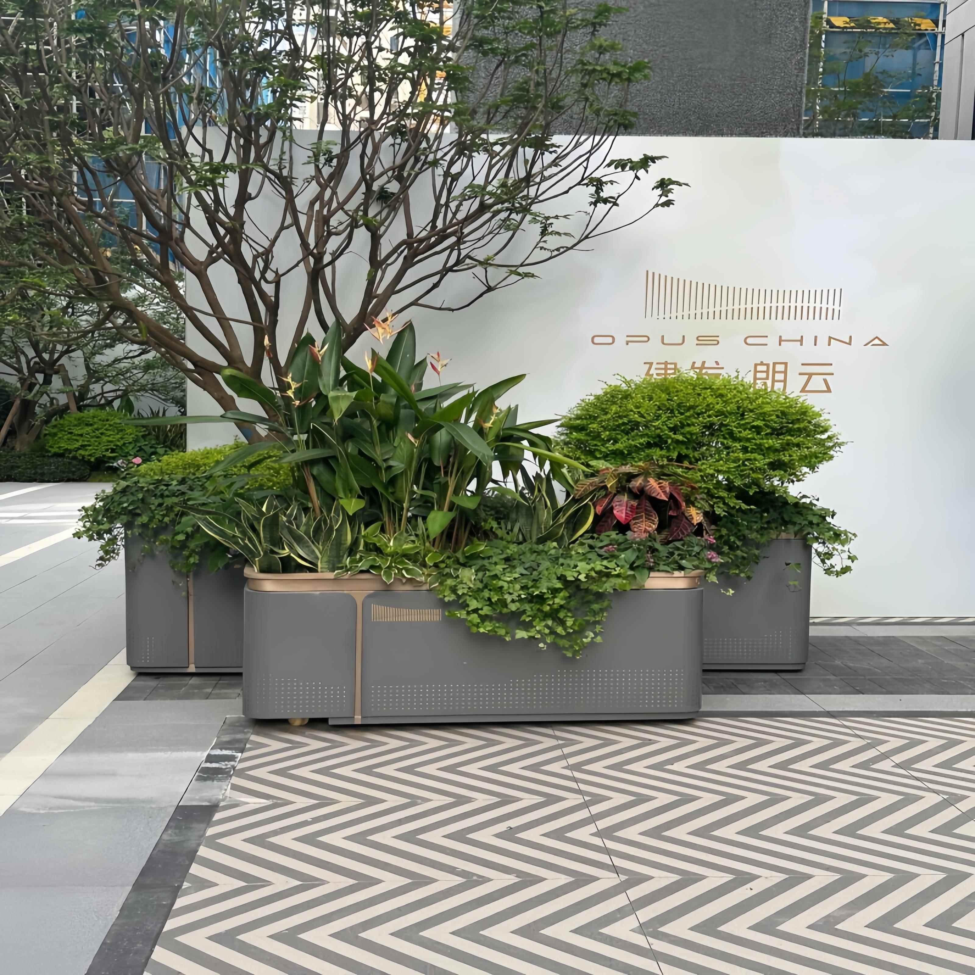 建发款式不锈钢户外花箱组合样品屋展示中心可移动花盆商业街隔断