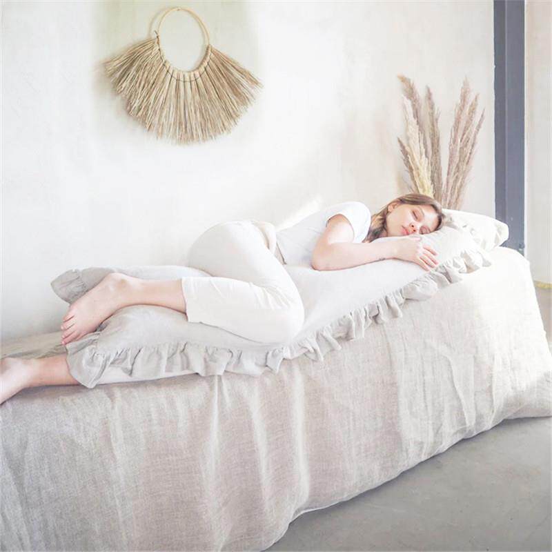 100%亚麻纯色枕头套双人枕荷叶边长条床头靠垫睡觉夹腿枕加长靠枕