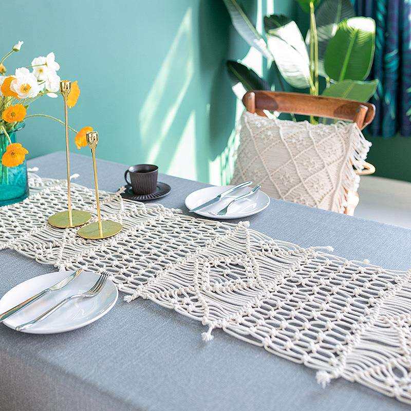 欧式棉绳编织三叶菱形桌旗餐厅家用装饰桌旗床旗简约多用柜子盖巾