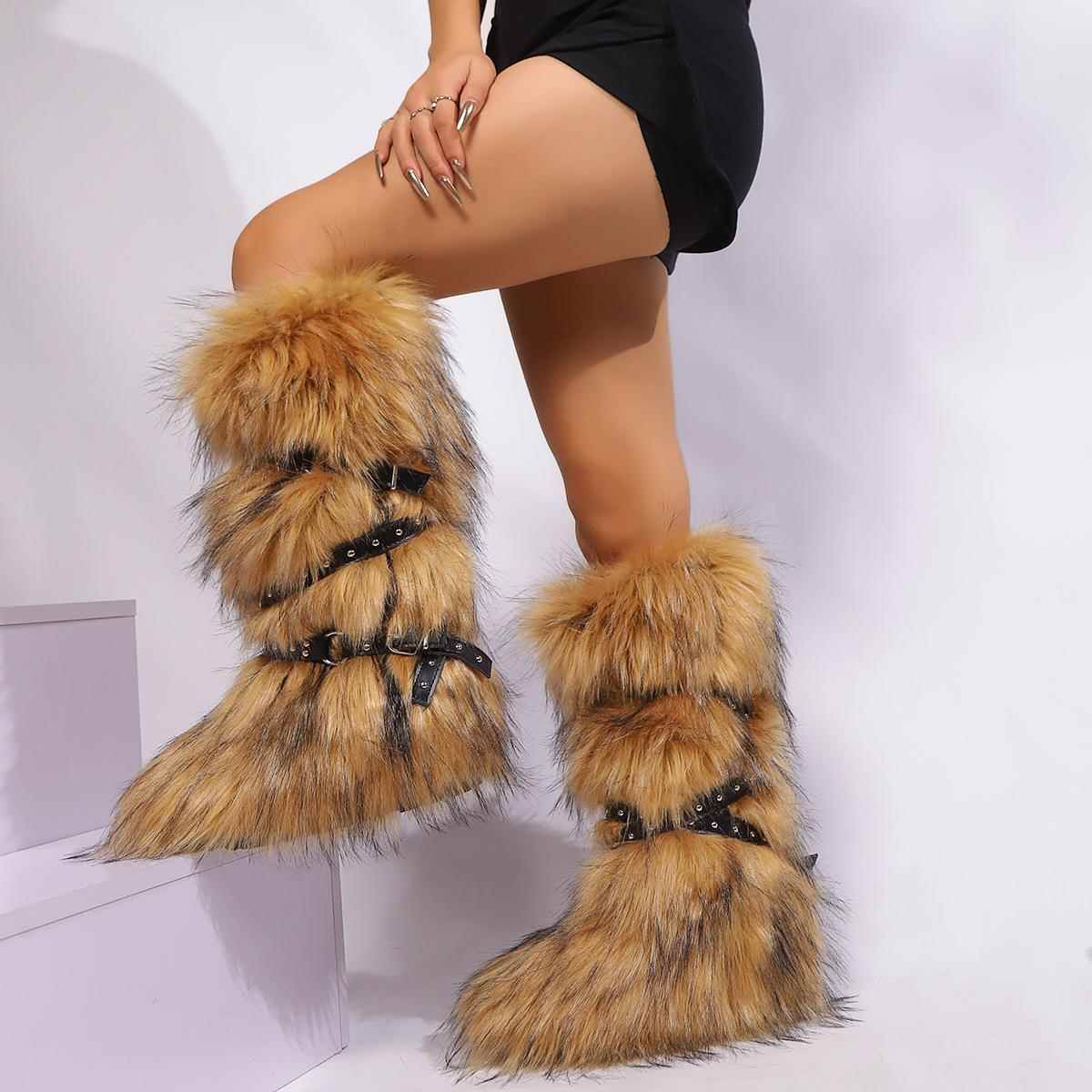 High Snow Boots Cross Belt Buckle KneeHigh Boots Women Girl