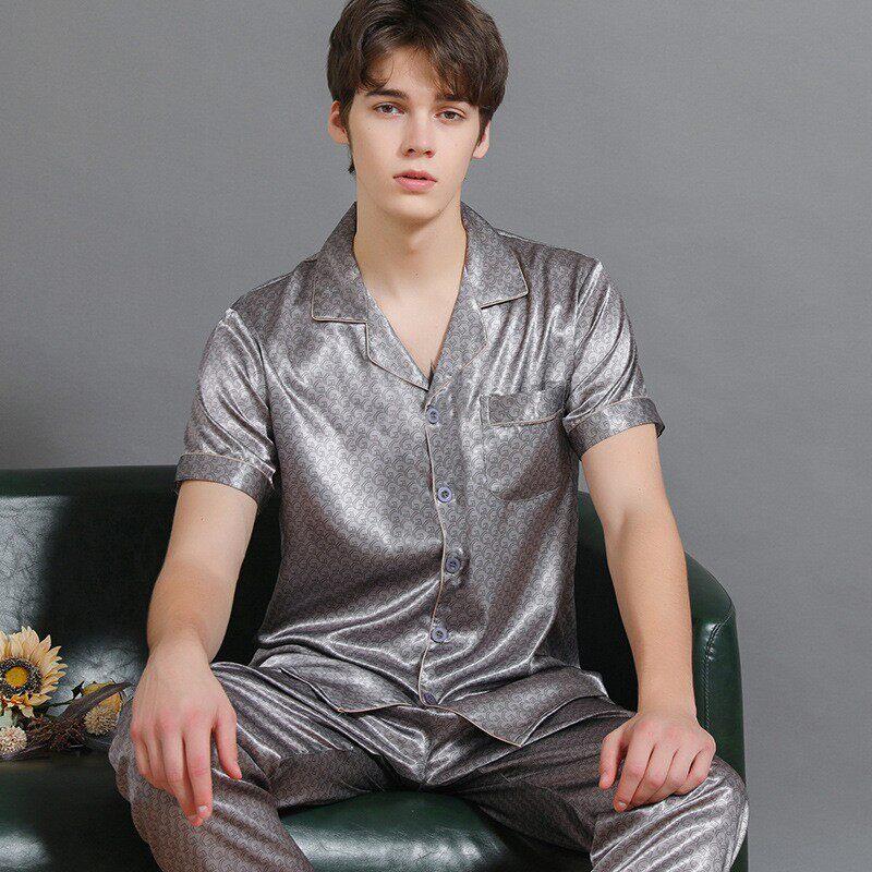 真丝男士睡衣春秋季短袖2026新款高贵品牌开衫冰丝家居服大码套装