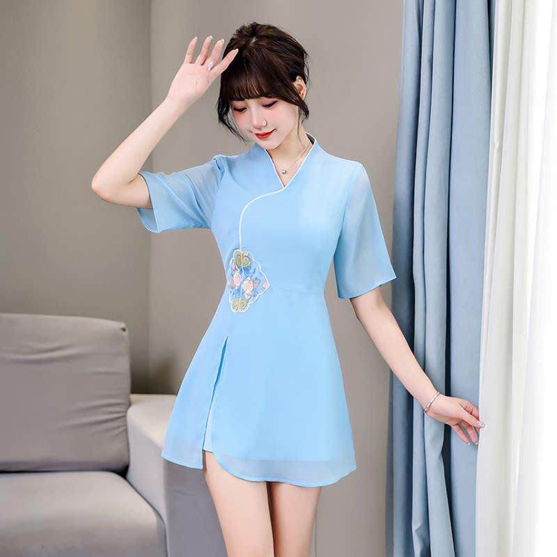 气质新中式采耳技师服五分袖足浴美容师按摩工作服套装连衣裙