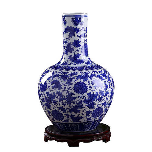 青花瓷陶瓷花瓶釉下彩缠枝莲现代时尚花瓶古典装饰工艺品酒柜摆件