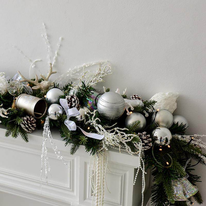 NUCHI跨境圣诞高档银白色系藤条花环家居栏杆装饰品圣诞节布置