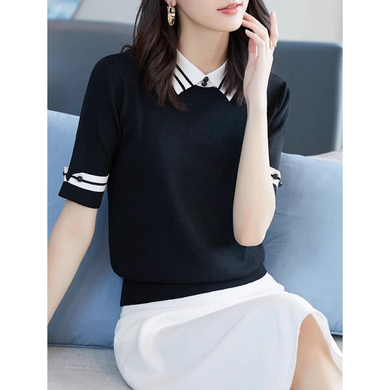 娃娃领冰丝短袖针织上衣女夏季2025年新款半中袖打底衫翻领t恤薄